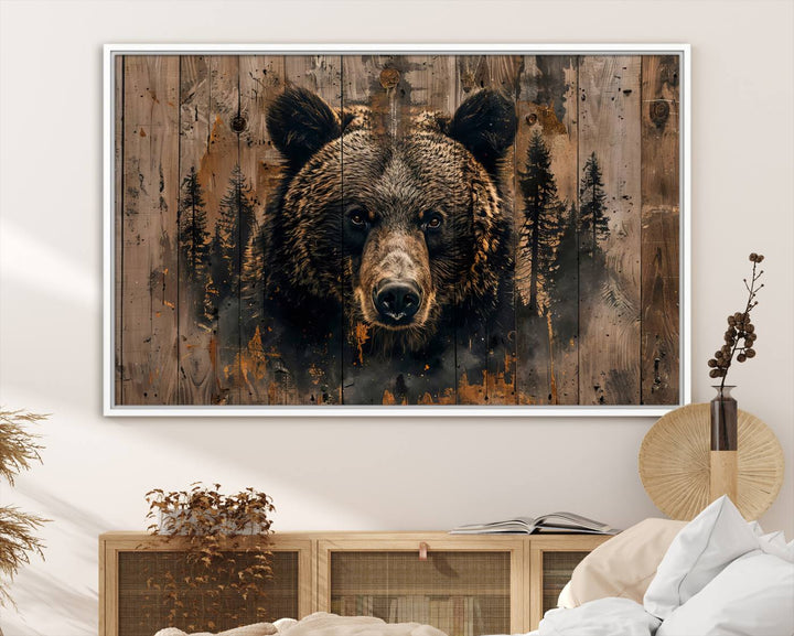 The bedroom showcases the Rustic Grizzly 399 Wall Art, a triptych canvas print that brings woodland charm to the space with its striking depiction of a bear. Elegantly displayed on a wooden wall, it enhances the rustic cabin feel.