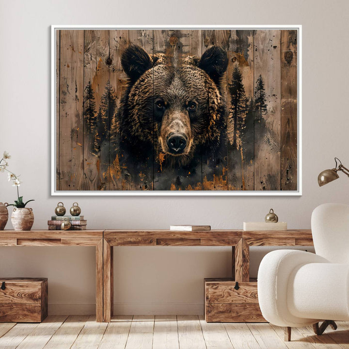 Rustic Grizzly 399 Wall Art is showcased against wood panels with forest silhouettes.