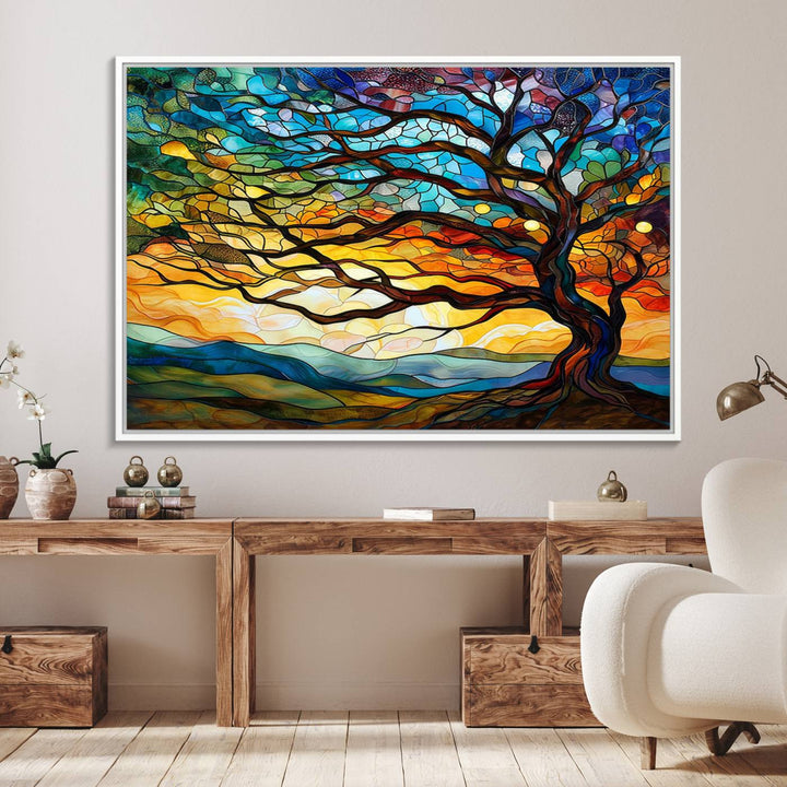 A vivid Tree of Life in stained glass style is depicted with twisted branches, a colorful sky, and hills on a ready-to-hang canvas.