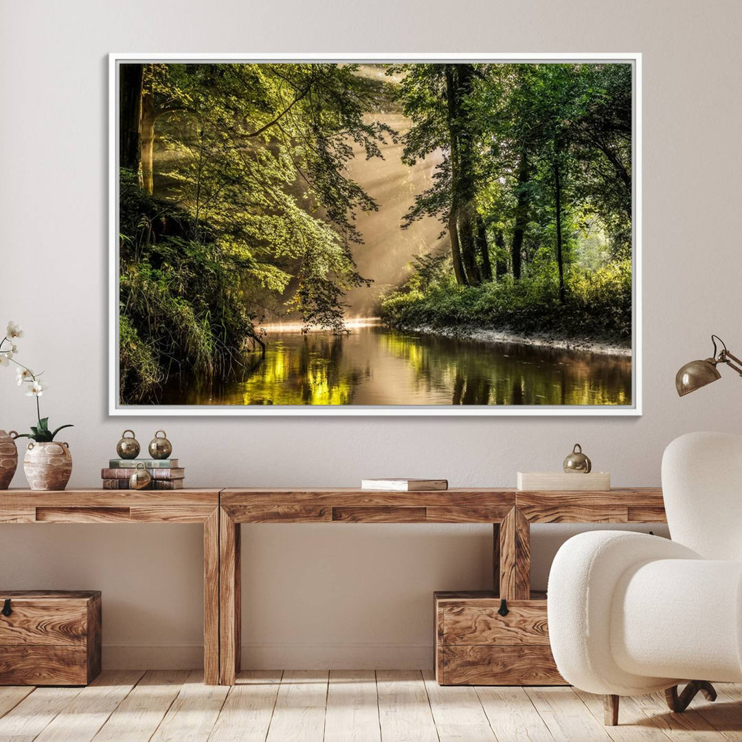 Forest Wall Art Print: A river landscape bathed in sunlight, perfect for rustic decor or as wall art for farmhouses and cabins.