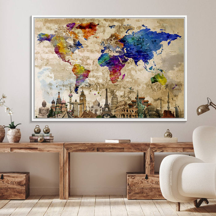 Artistic world map featuring landmarks like the Eiffel Tower, printed on premium wall art for office or living space.