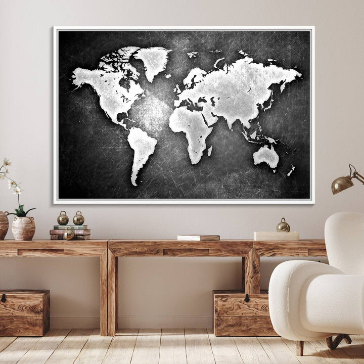 Black & White 3-Panel Framed World Map Canvas Art with Grunge Design.