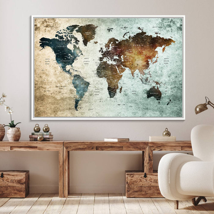 The Push Pin World Map Canvas Print serves as an ideal piece of wall art for travel lovers, showcasing vibrant colors and intricate details.