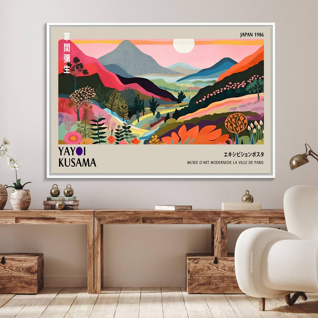 Vibrant abstract landscape canvas inspired by Yayoi Kusama, featuring mountains, trees, and flowers in a triptych style.