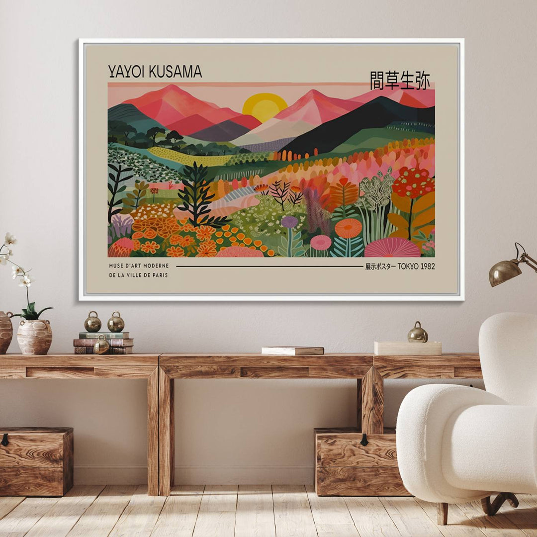 A vibrant abstract triptych features mountains, a sun, and plants in Yayoi Kusamas style with Japanese and French text included.