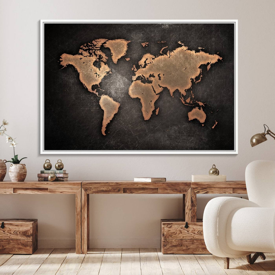 The Modern World Map on a metallic black canvas creates a striking effect.