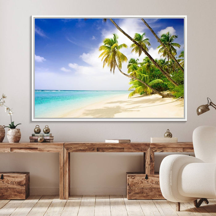 Tropical Beach Canvas: Palm Trees & White Sand Shore Decor, Vibrant Coastal Print, Ready to Hang.