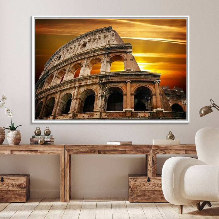 On the wall, theres a piece of art titled Colosseum with Yellow Sunset Behind, Italy.