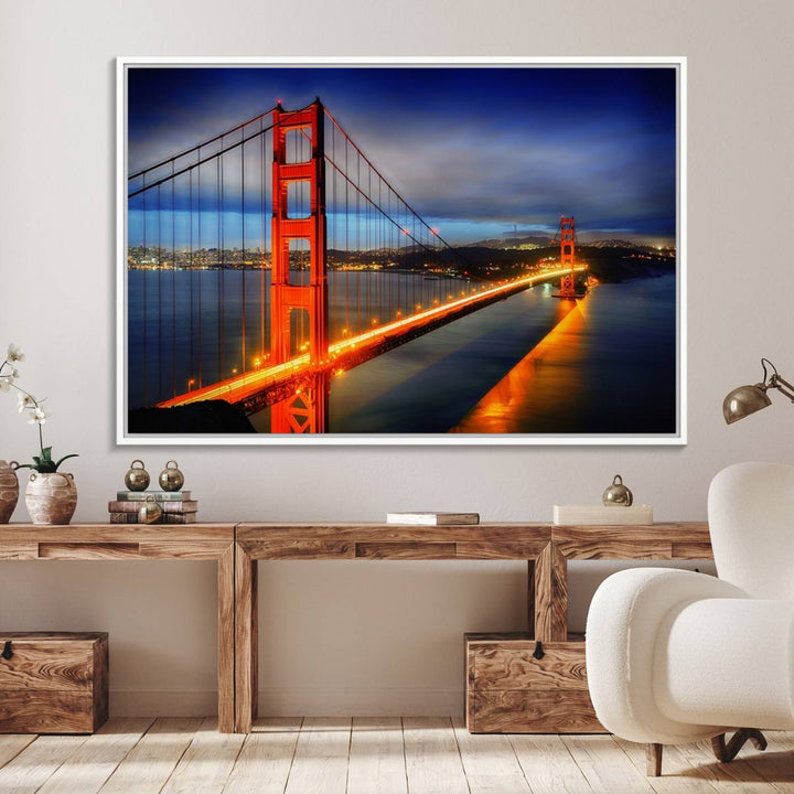 A large wall art San Francisco canvas print of the Golden Gate Bridge at twilight is displayed on a porch.