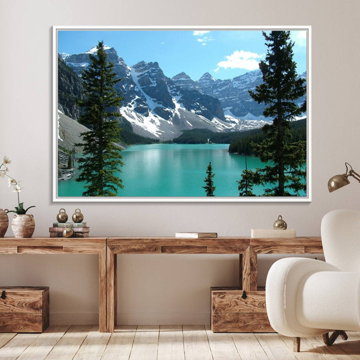 Canadian Rockies Moraine Lake Landscape Canvas Print showcasing a turquoise lake and mountain view.