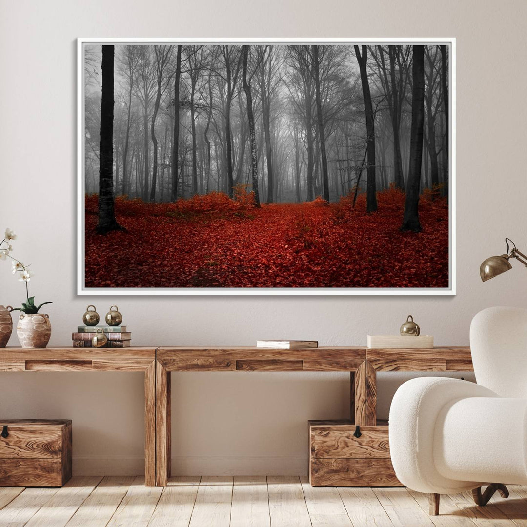 A large, museum-quality canvas print titled Wonderful Forest with Red Leaves.