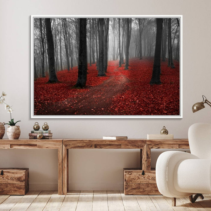 Wonderful Forest artwork: Triptych with red leaves, ideal for nature lovers.