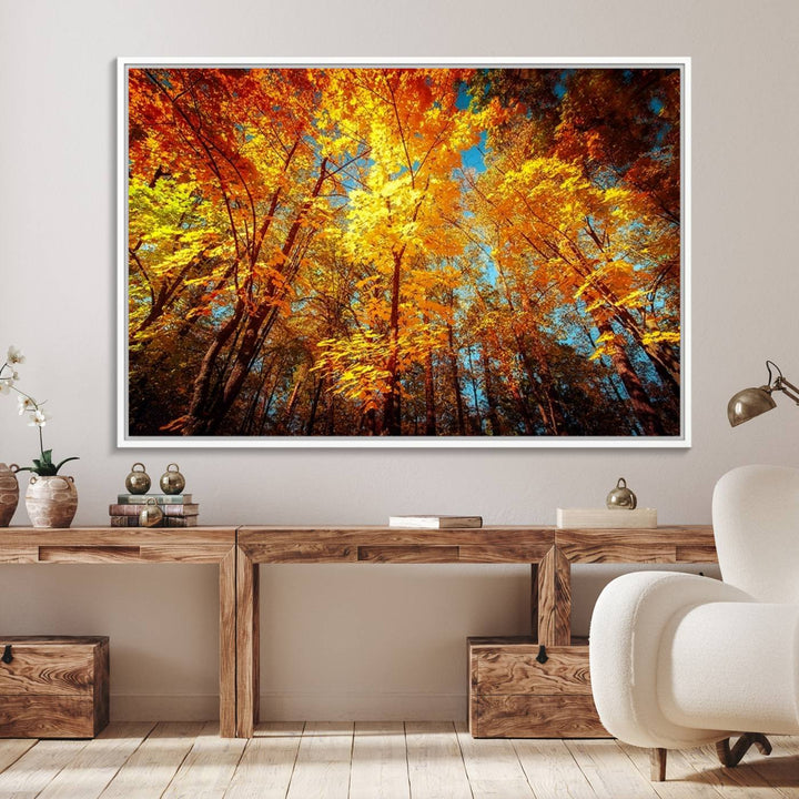 Forest View at Fall Wall Art hangs prominently, showcasing its beauty.