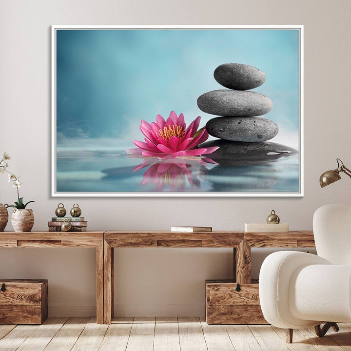 The dining room features a Zen Serenity Triptych wall art, showcasing a calming depiction of lotus flowers and balancing stones.