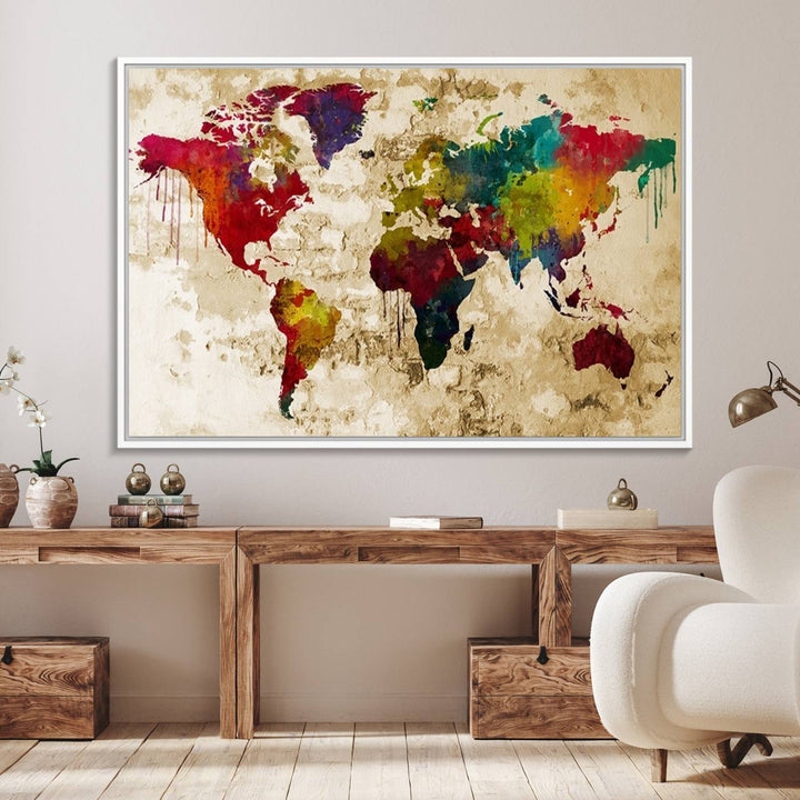 Wall Art World Map Canvas Print Rainbow Colored Vintage Style World Map