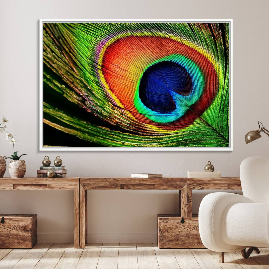 The Colorful Peacock Feather Wall Art Print graces the wall.