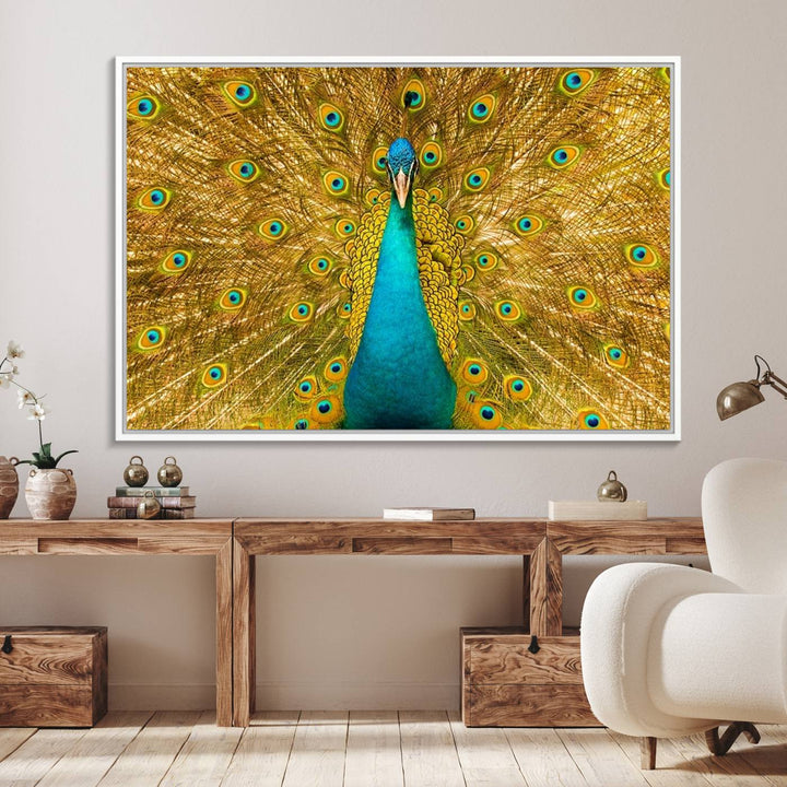 The Peacock Wall Art Canvas Print adorns a bright wall.