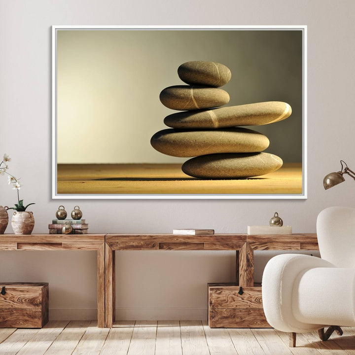 The Yellow Zen Stones on Yellow Background Wall Art is a striking feature in this minimalist kitchen.