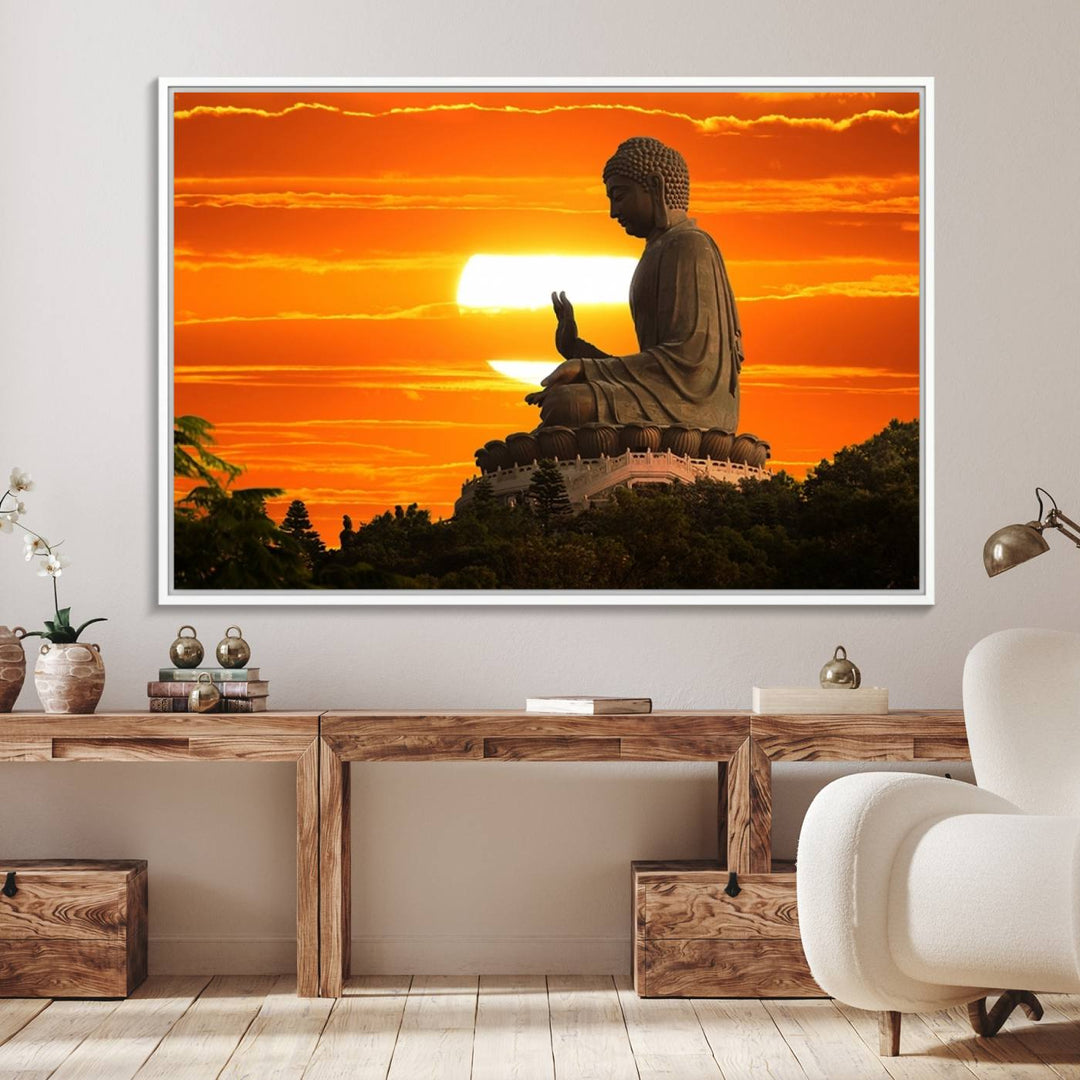 The Buddha Statue at Sunset canvas print adds serenity to the space.