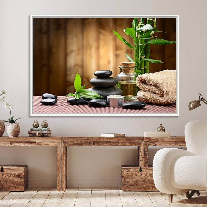 Zen Serenity Triptych Canvas Art: Pink Lotus Flower and Stones, Tranquil Water Lily Print, creating a peaceful spa ambiance.