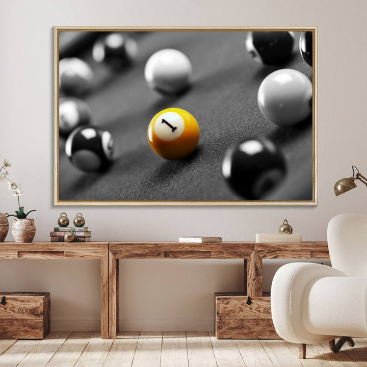 The Black and White Concept Billiard Balls Canvas Print elevates the space with museum-quality charm.