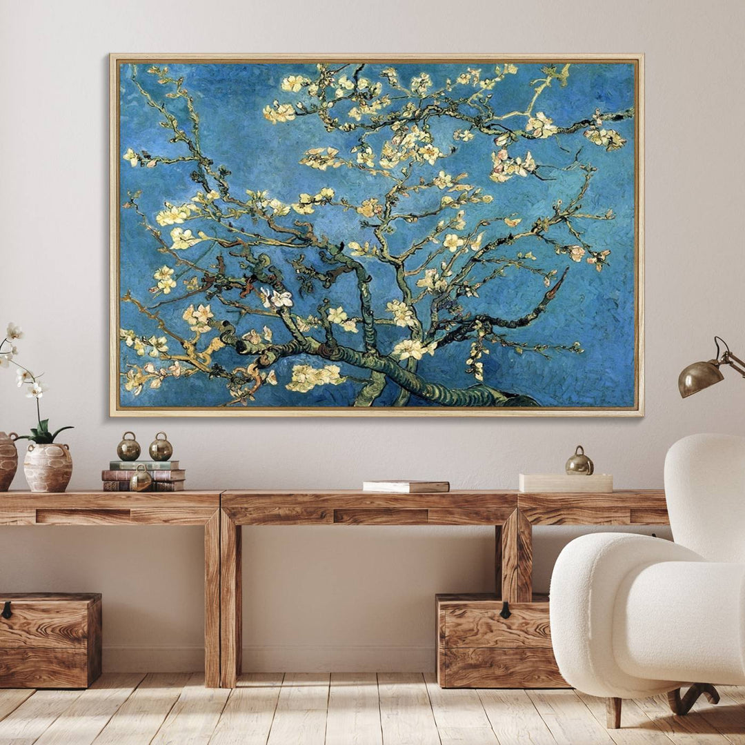 A Van Goghs Almond Blossom canvas print adds a touch of elegance to the wall.