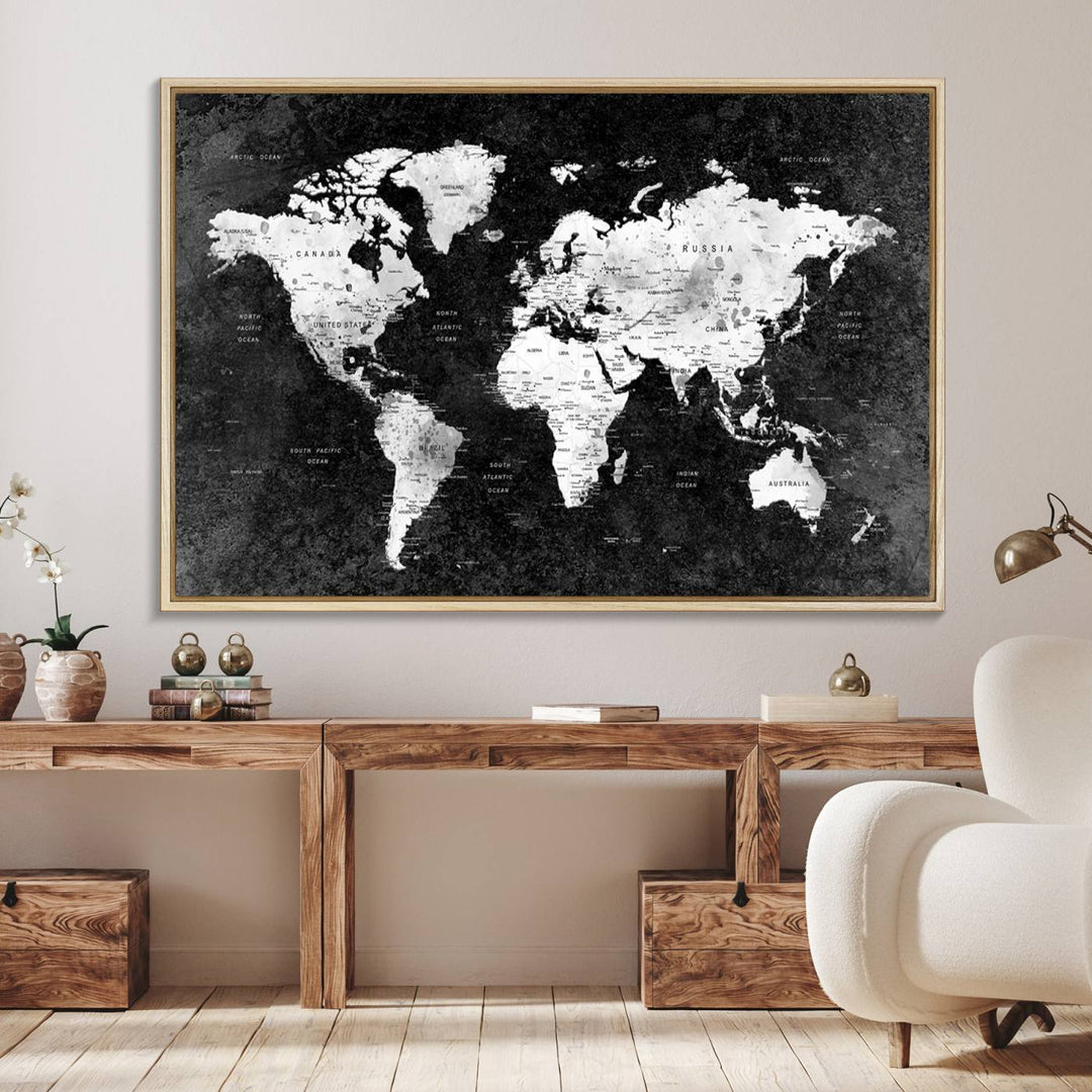 The dining room features a Modern Grayscale World Map 3-Panel Canvas Art as its focal point.