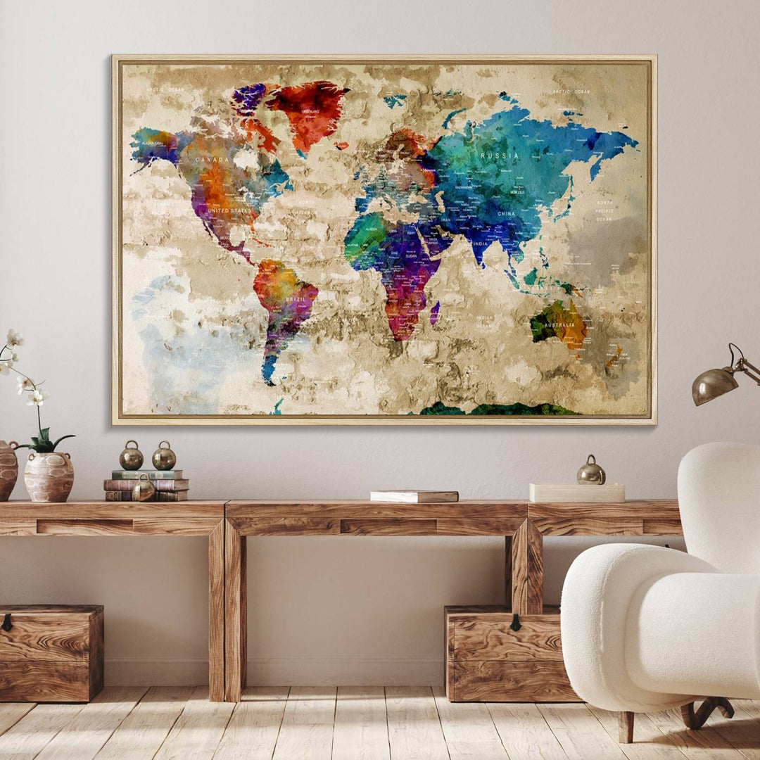 An Abstract Large Watercolor World Map Canvas Print hangs prominently.