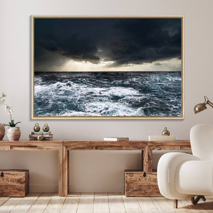 A Dark Clouds Stormy Sea canvas print, ready to hang, enhances the room.