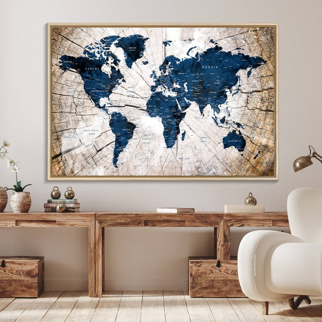 The Vintage World Map on Grunge Background Canvas serves as the focal point of the room.