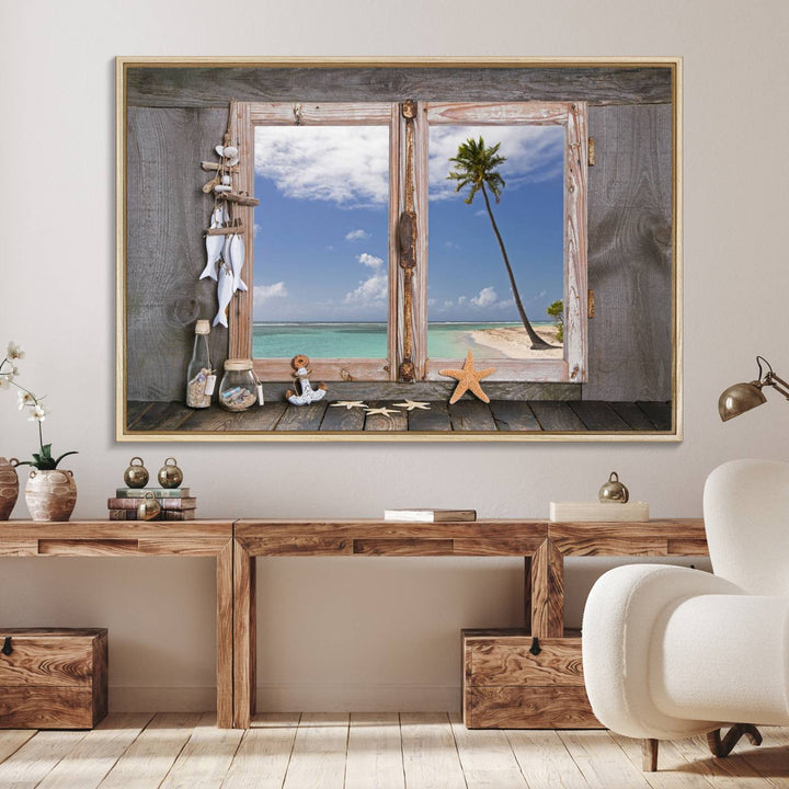 The Window Wall Art Relaxing Beach features seashells and a rustic window frame.