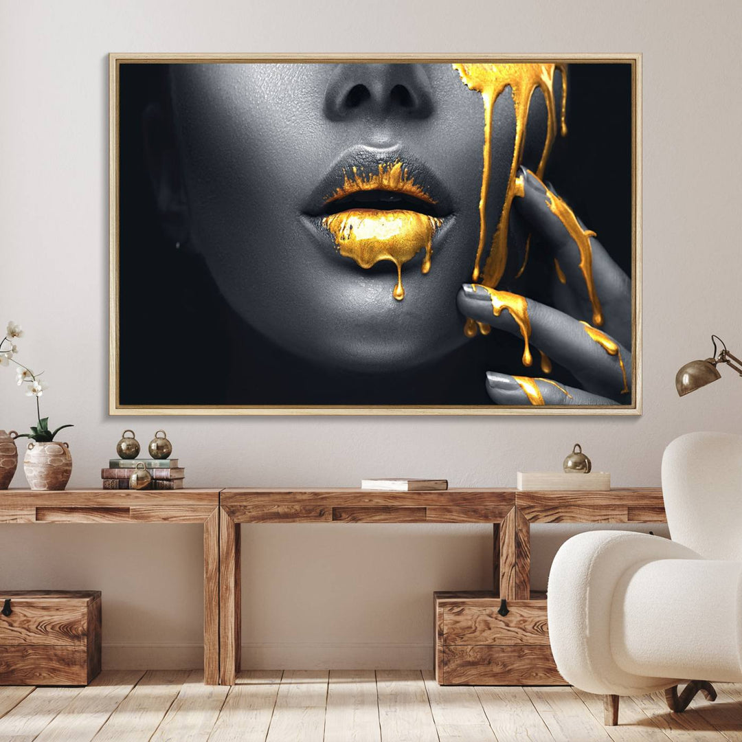 The Gold Lips and Black Woman Makeup Canvas Print features a chic monochrome face design, making it ideal for a modern dining room.