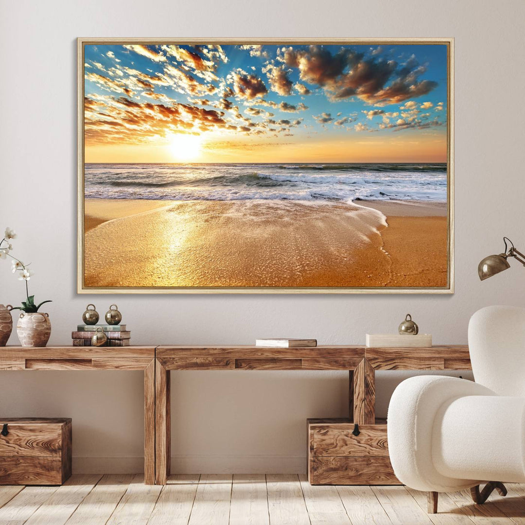 A gallery-wrapped canvas titled Soothing Sunset on Calm Beach is featured.