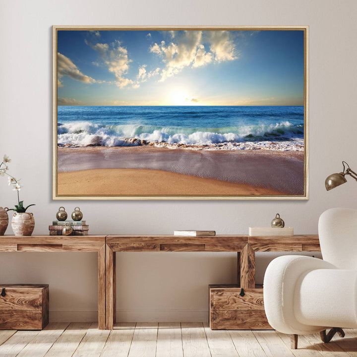 The dining room features a Coastal Tropical Beach Sunset canvas wall art.