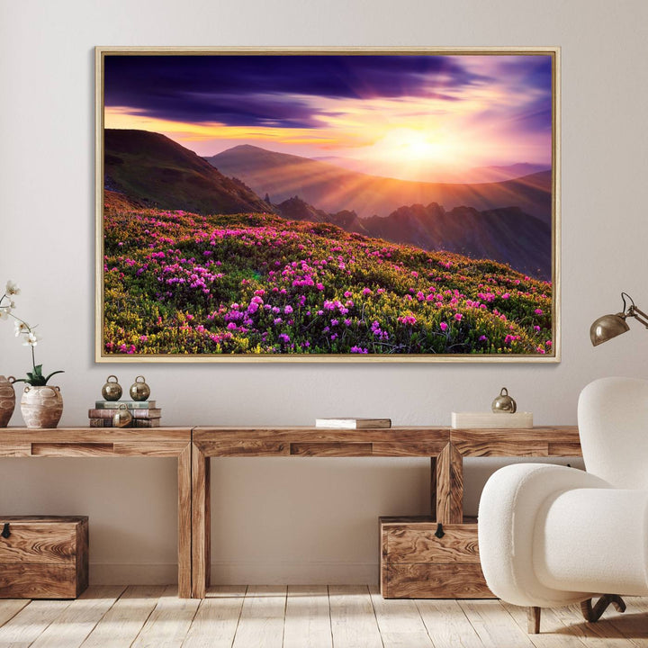 Gallery-wrapped wall art of a stunning mountain sunset and purple flowers.