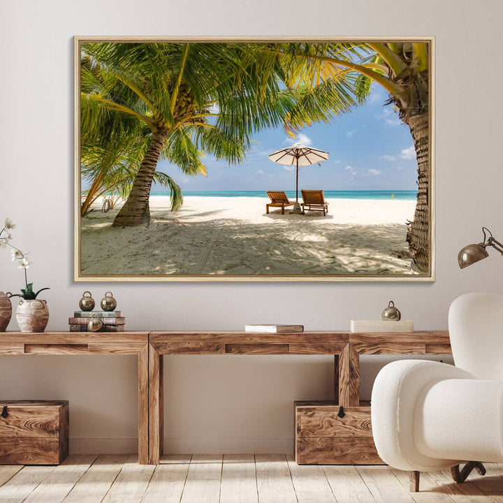 The canvas art print titled Lounge Chairs Palm Trees on Tropical Beach offers free shipping.