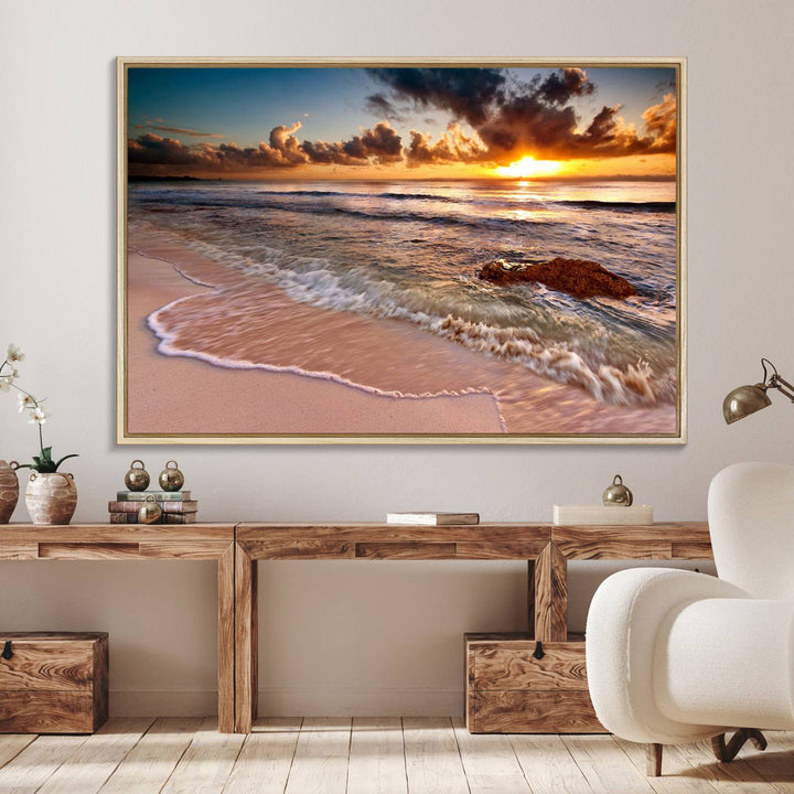 Coastal dining room decor: serene ocean waves triptych canvas.