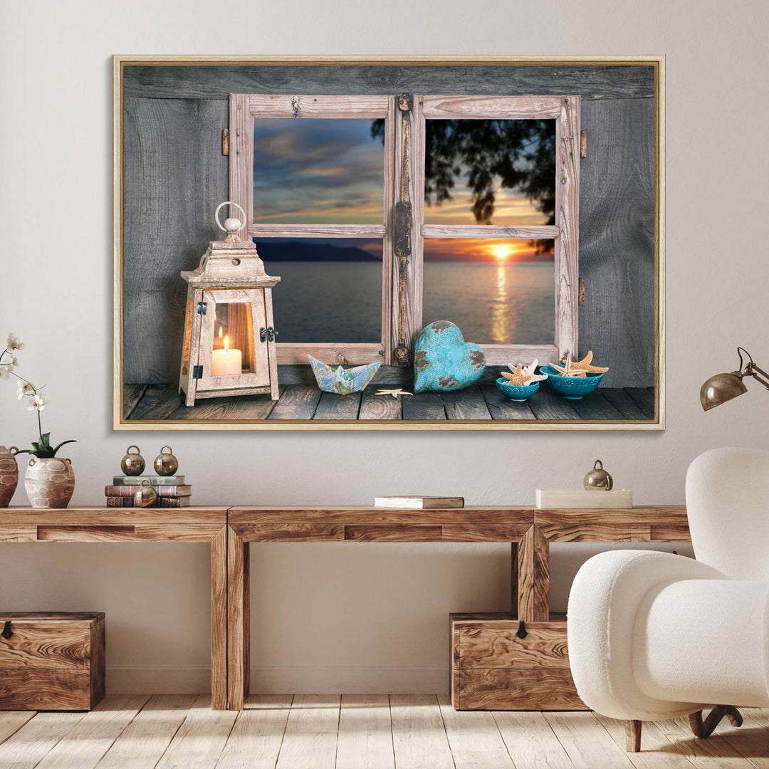 The Astonishing Sunset from the Window canvas print beautifully captures a sea view, accompanied by a lantern and starfish.