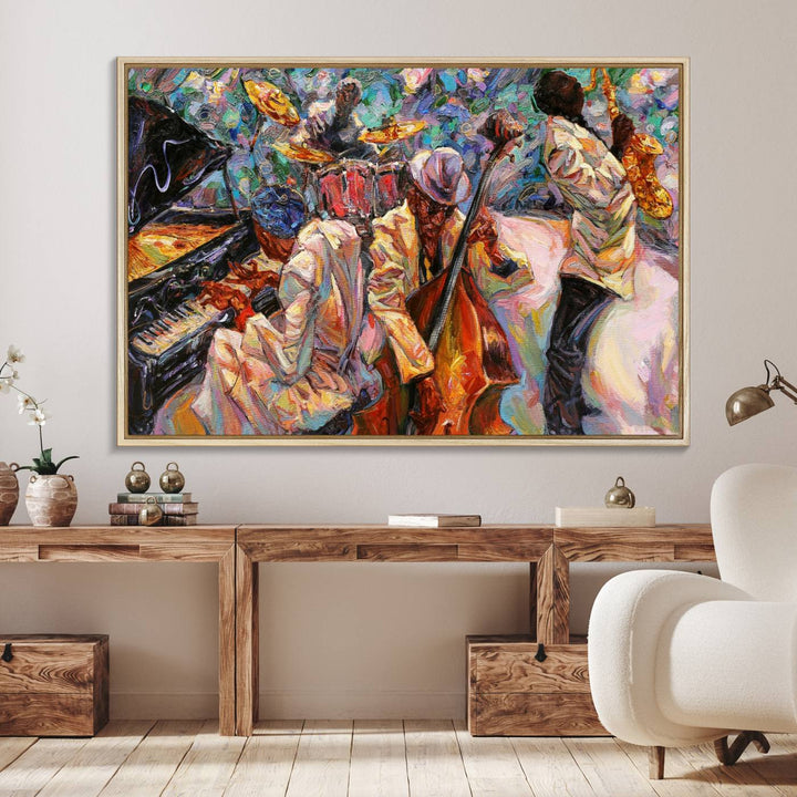 The wall features an African American Jazz Art Music Abstract Painting on Canvas.