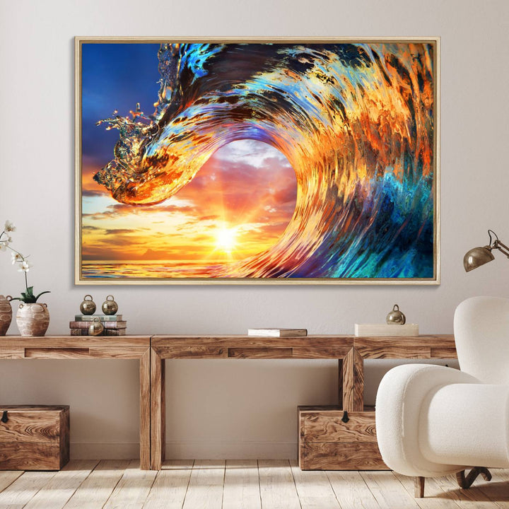 Wave Canvas Wall Art: A multi-panel sunset ocean scene that adds vibrant decor to any space.