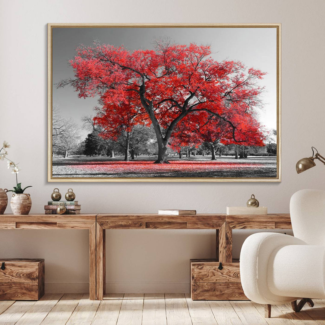 A Red Autumn Tree Canvas Wall Art Print of red leaves.