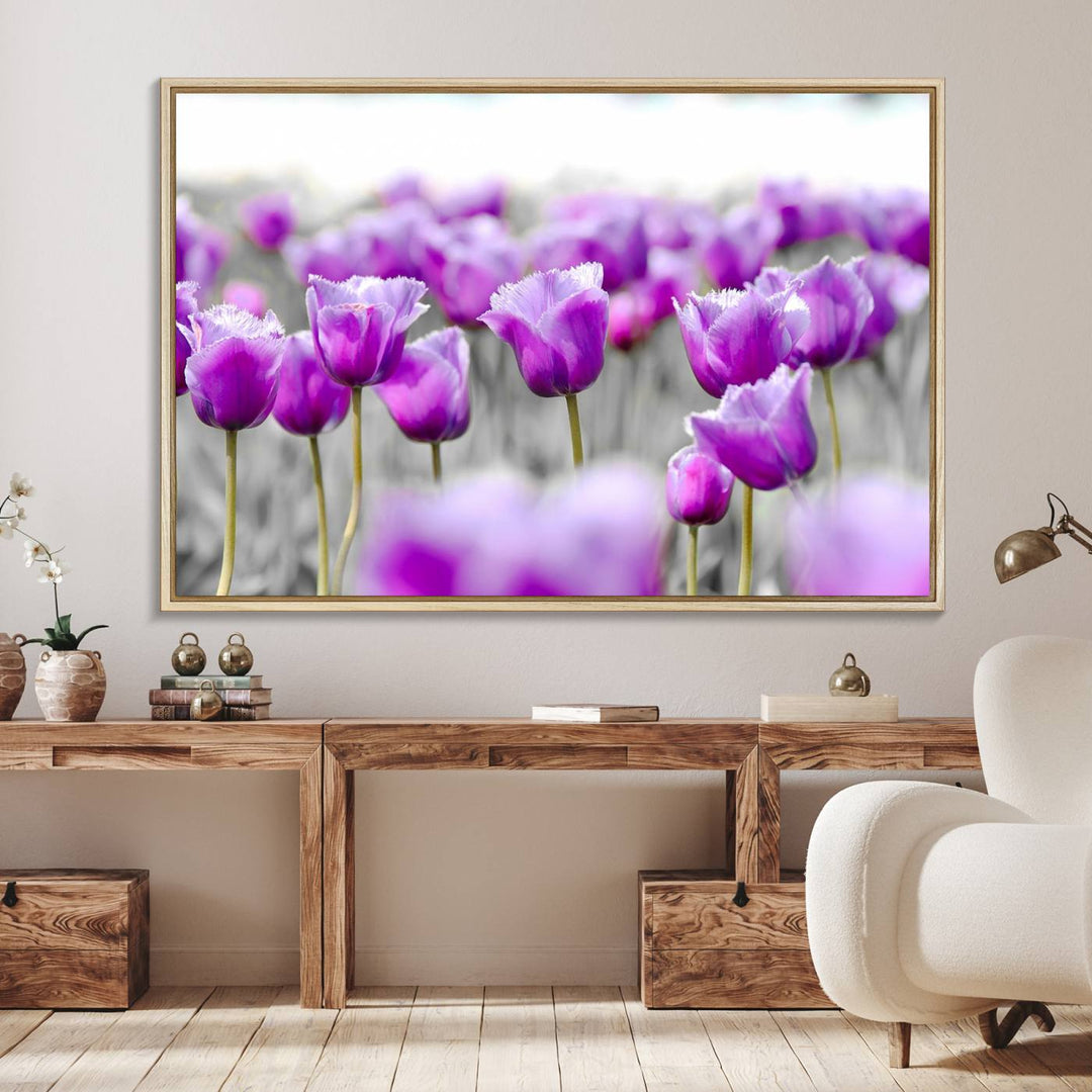 A gallery-wrapped Tulip Fields canvas wall art in a vivid purple hue.