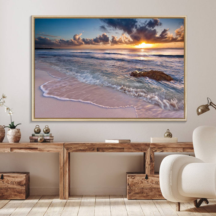 The room features a Sunset Beach Waves Canvas above the counter.