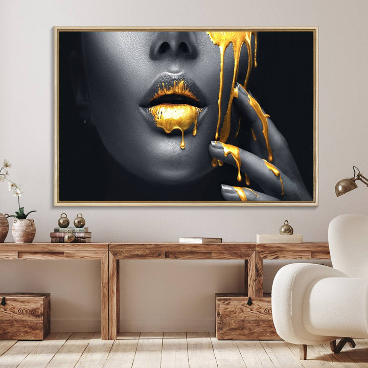 Above the dining area is the Gold Glitter Lips Fashion Makeup canvas wall art.