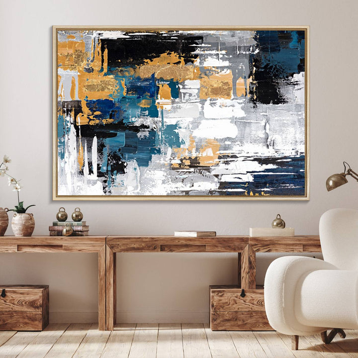 Blue and Gold Abstract Canvas Wall Art hangs prominently.