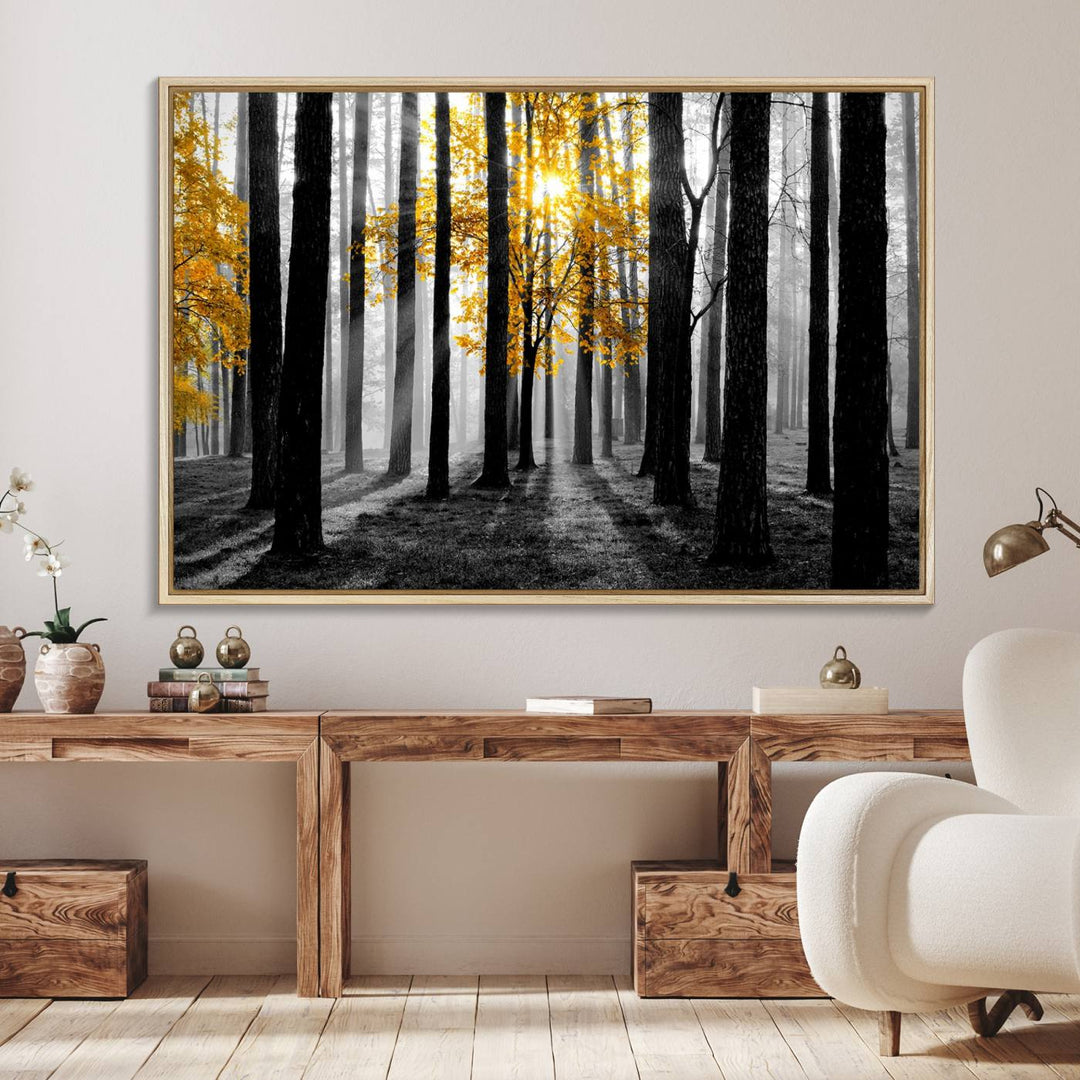 Nature Misty Foggy Autumn Forest Wall Art Print displayed above a modern dining room.