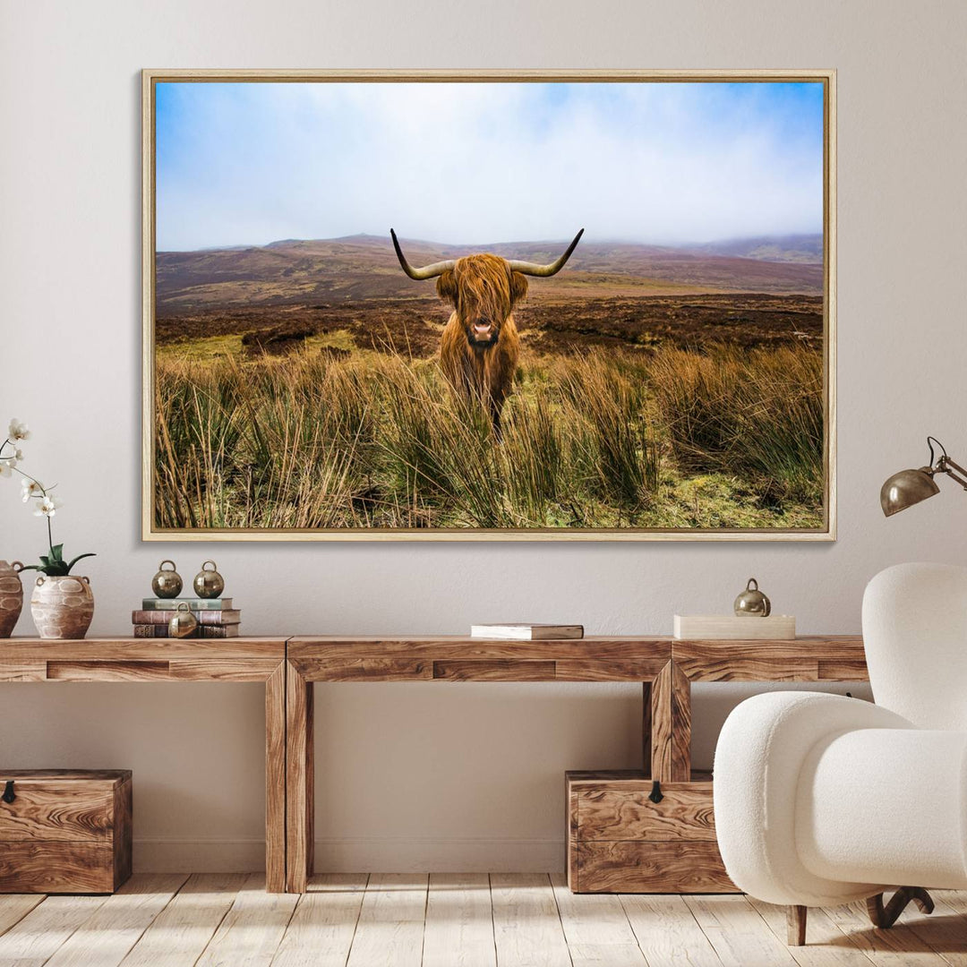 A Scottish Highland Cow art print canvas with UV-protection adorns the wall, preserving vivid details.