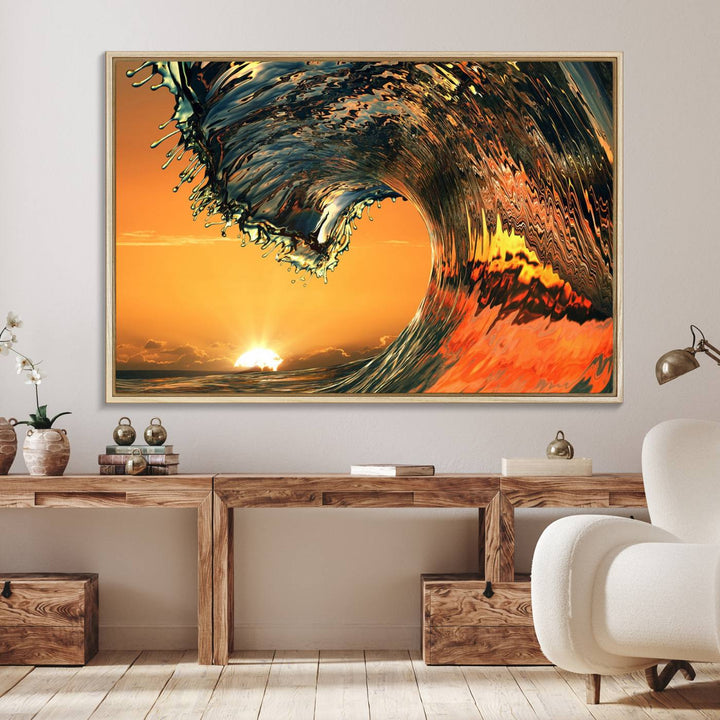 The Ocean Wave With Perfect Sunset canvas wall art adds a striking focal point to the room.