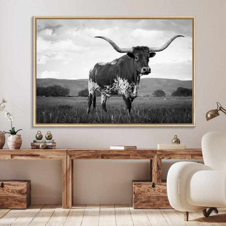 A Black and White Longhorn Texas Cow Canvas Wall Art.