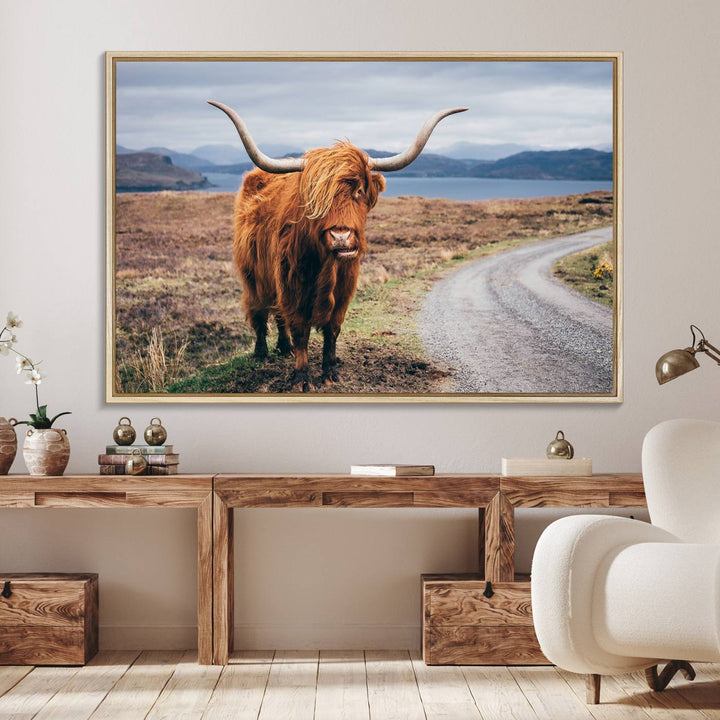 The Longhorn Highland Cow Canvas Wall Art is prominently displayed.